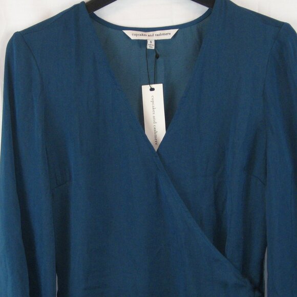 Cupcakes and Cashmere Satin Wrap Blouse Top Blue Size S NWT - Picture 3 of 7